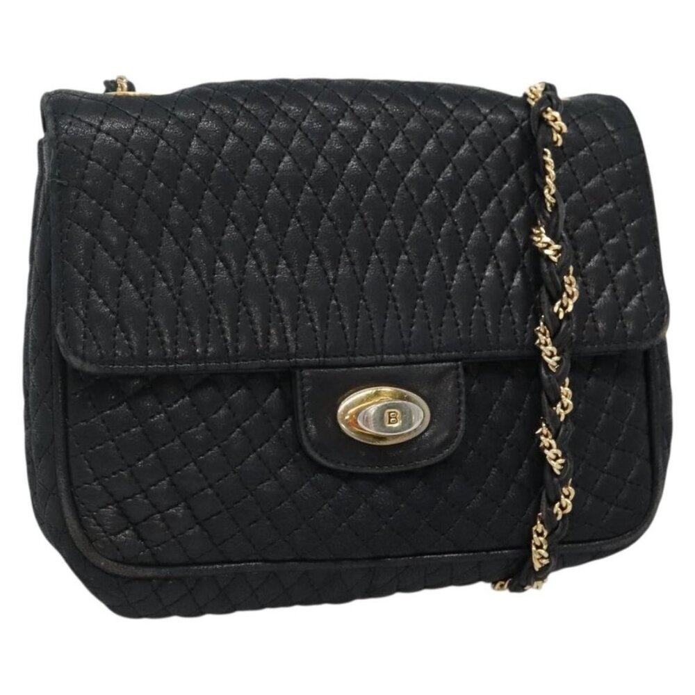 Authentic BALLY Chain Shoulder Bag Leather Black Gold